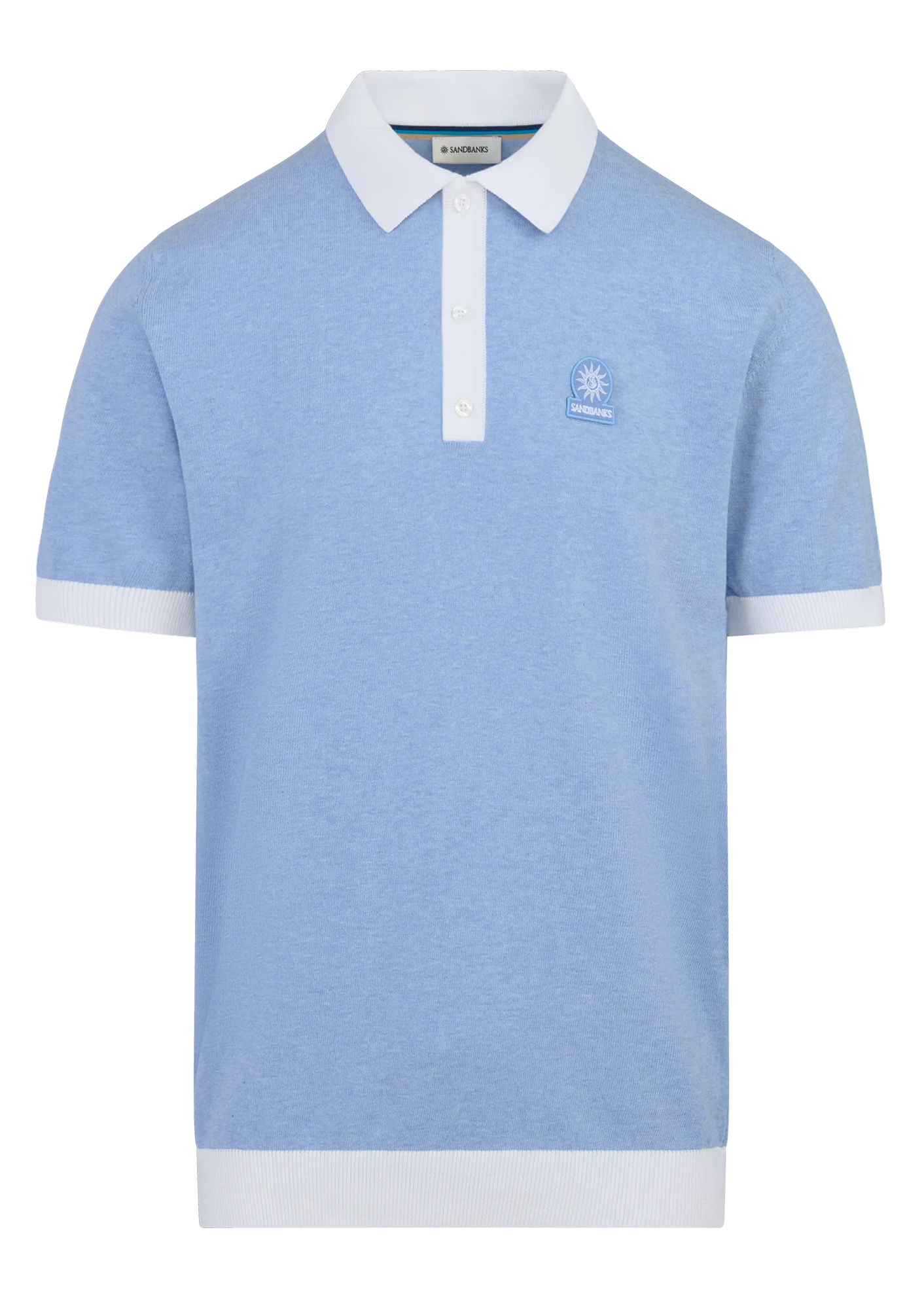 Light blue polo shirt with white collar and trim on a white background
