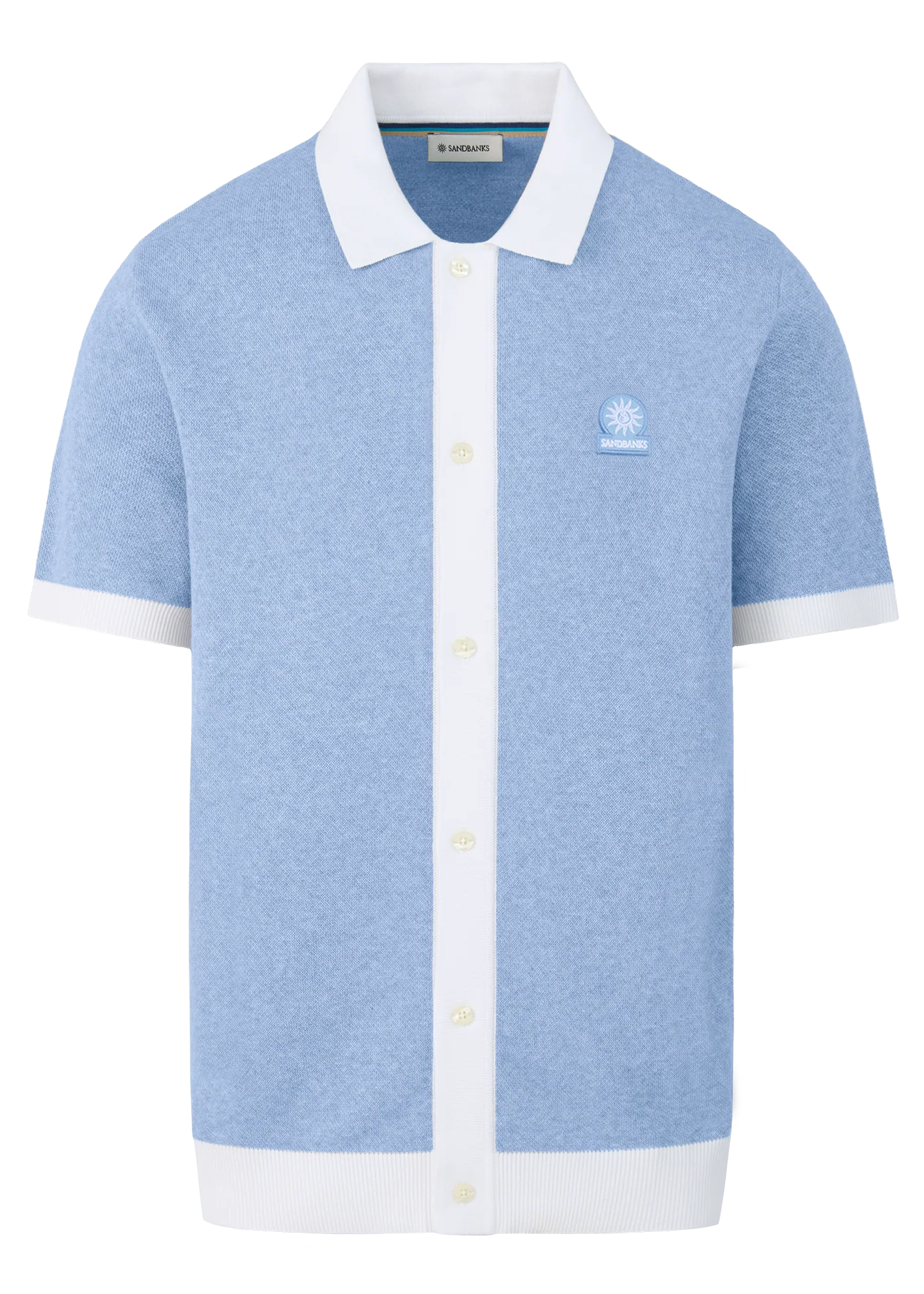 Light blue polo shirt with white collar and trim on a white background
