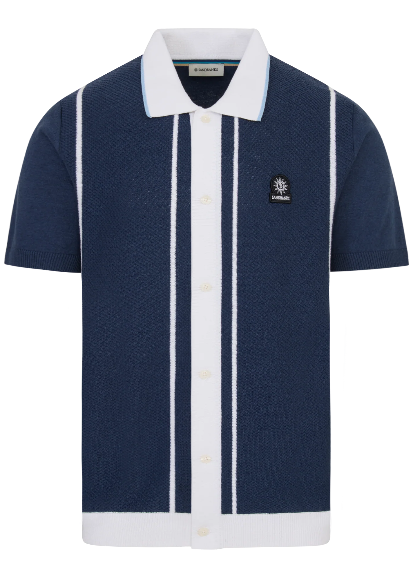Navy blue polo shirt with white accents on a white background