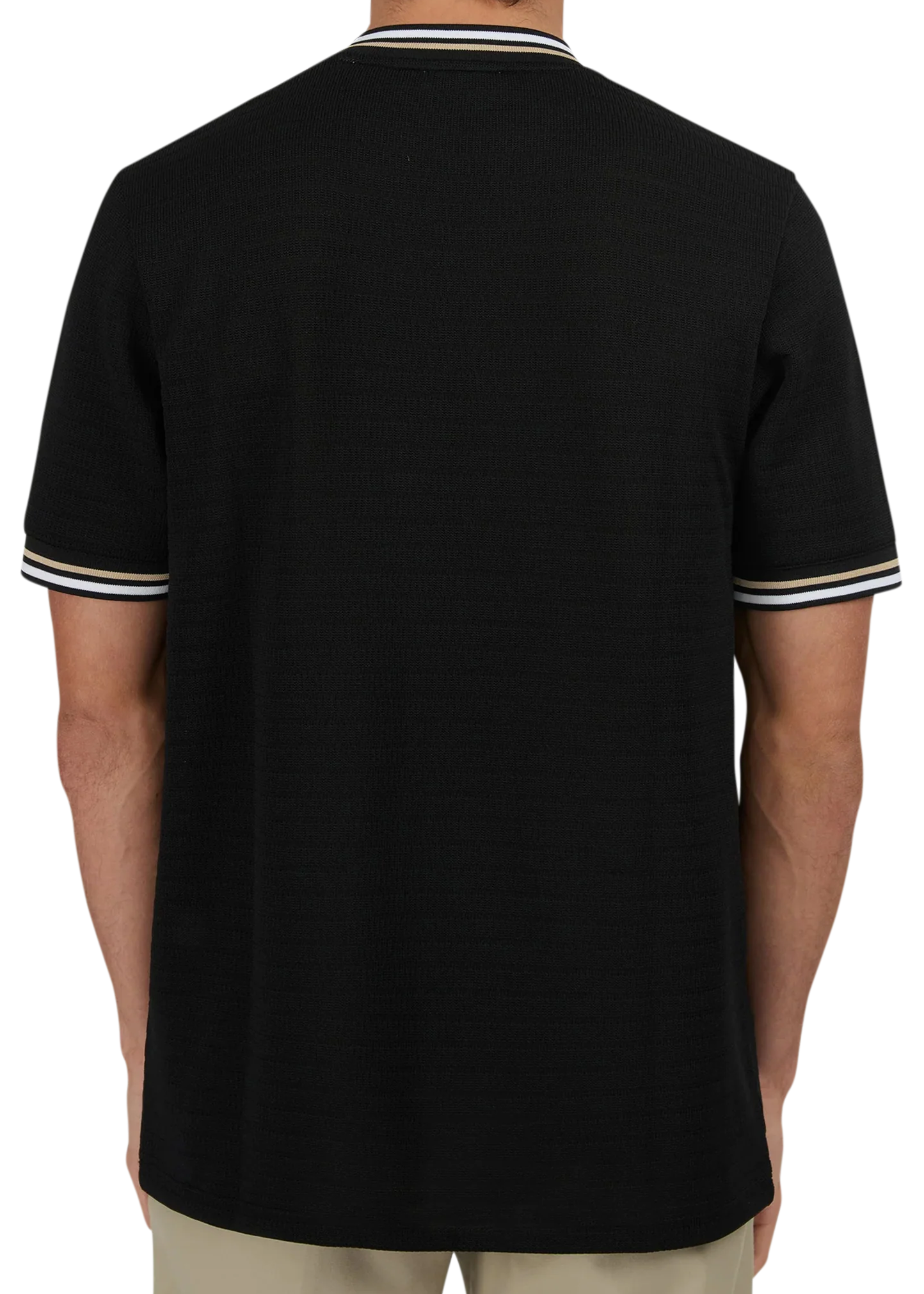 Black polo shirt with white trim on a white background